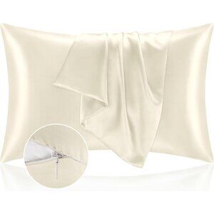 Satin Pillowcase with Zipper, Beige King Size Pillow Cases Set of 2, Super Soft